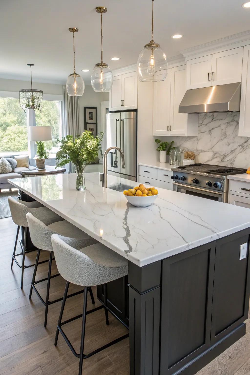 An exquisite marble countertop transforming the kitchen island into a focal point of unparalleled beauty.
