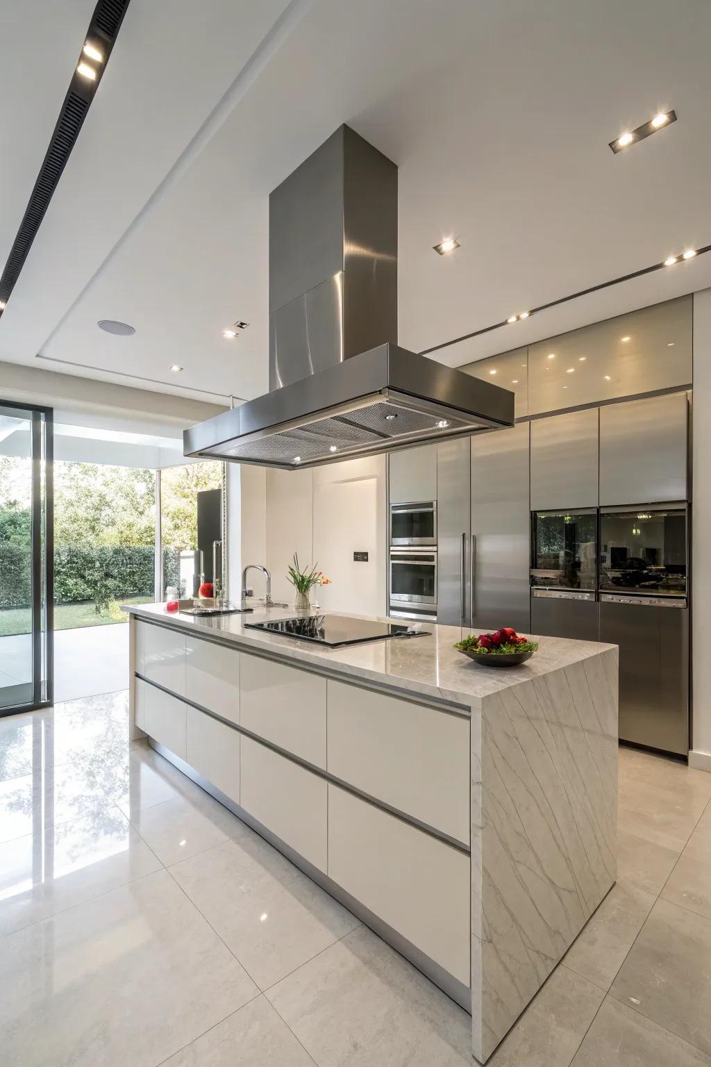 A stainless steel range hood exemplifies sleek elegance and contemporary appeal.