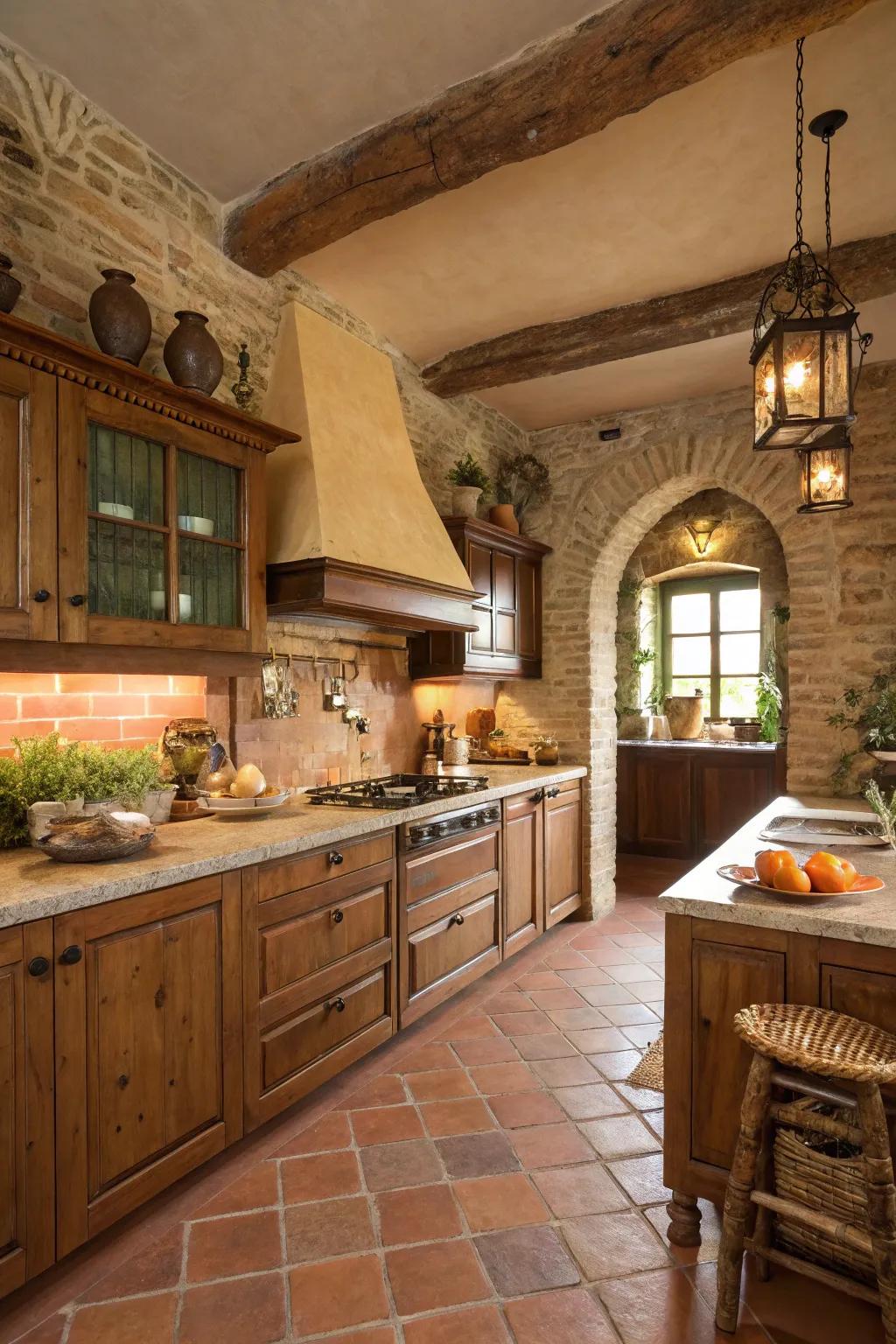 Warm, earthy tones and terracotta touches craft a quintessential Italian kitchen atmosphere.
