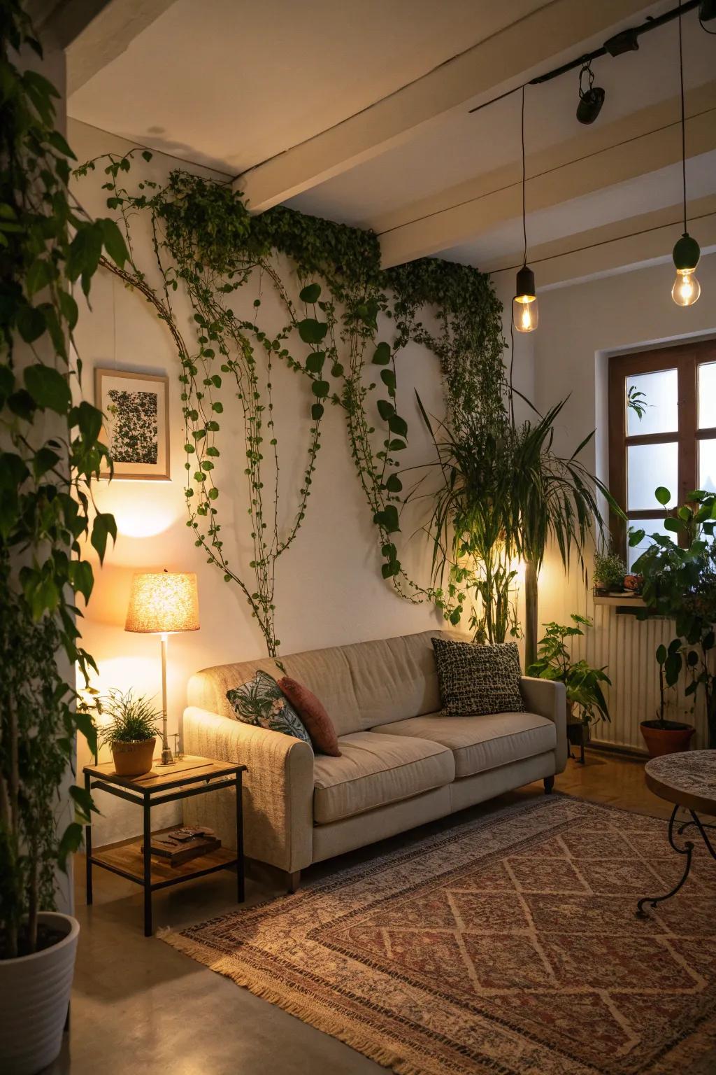 A living room transformed by a lush, greenery-filled wall, fostering a serene ambiance.