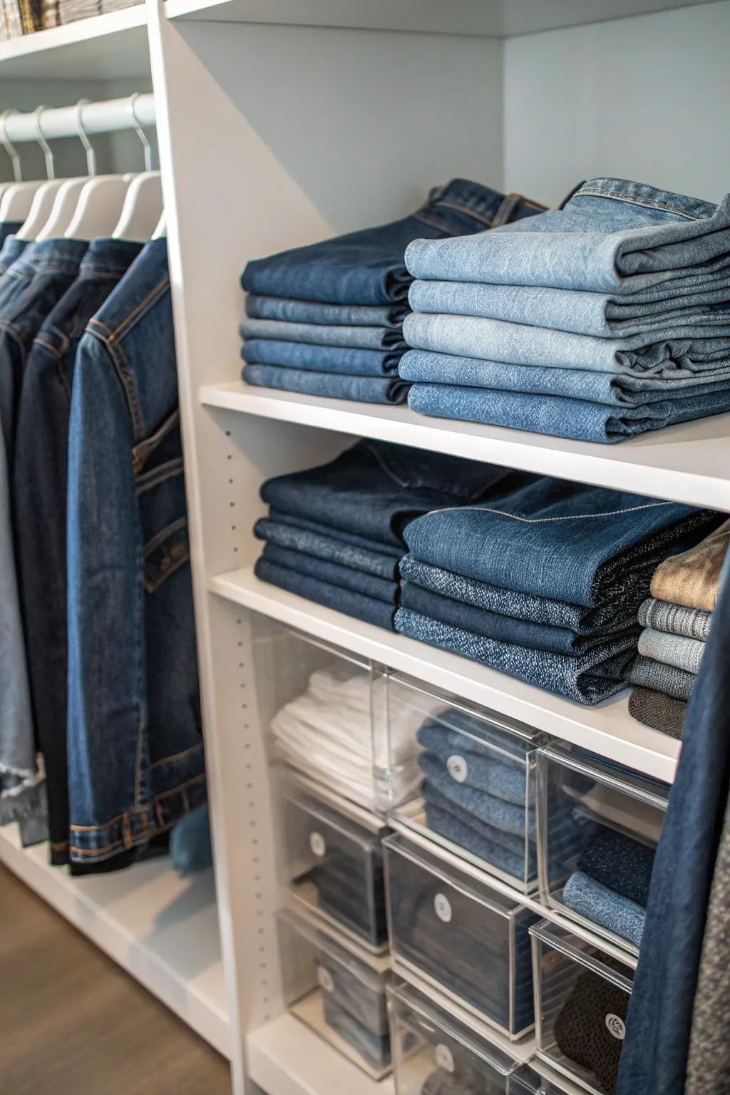 Utilize partitions to segment your closet shelves, creating a streamlined jeans presentation.