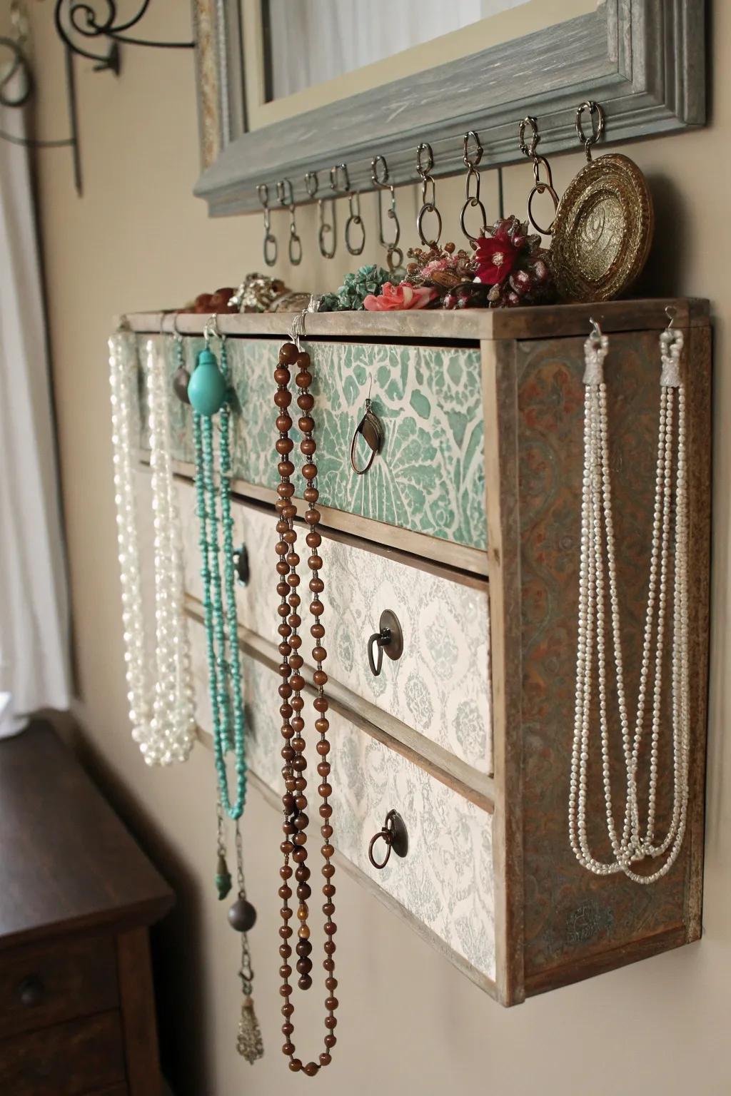 A timeless drawer transformed into a chic necklace display