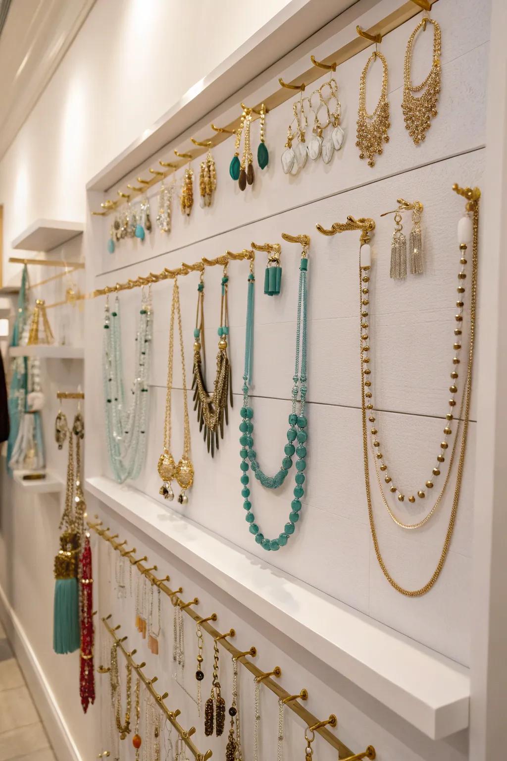 Clever use of wall space with fashionable jewelry hooks.