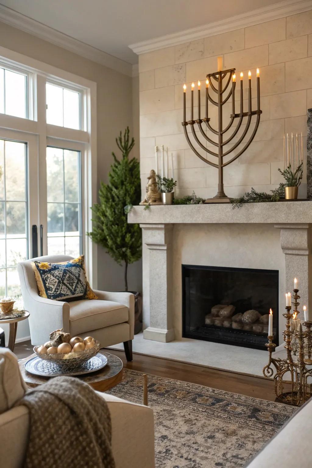 A stylish luminary artfully displayed on a living room's mantelpiece.