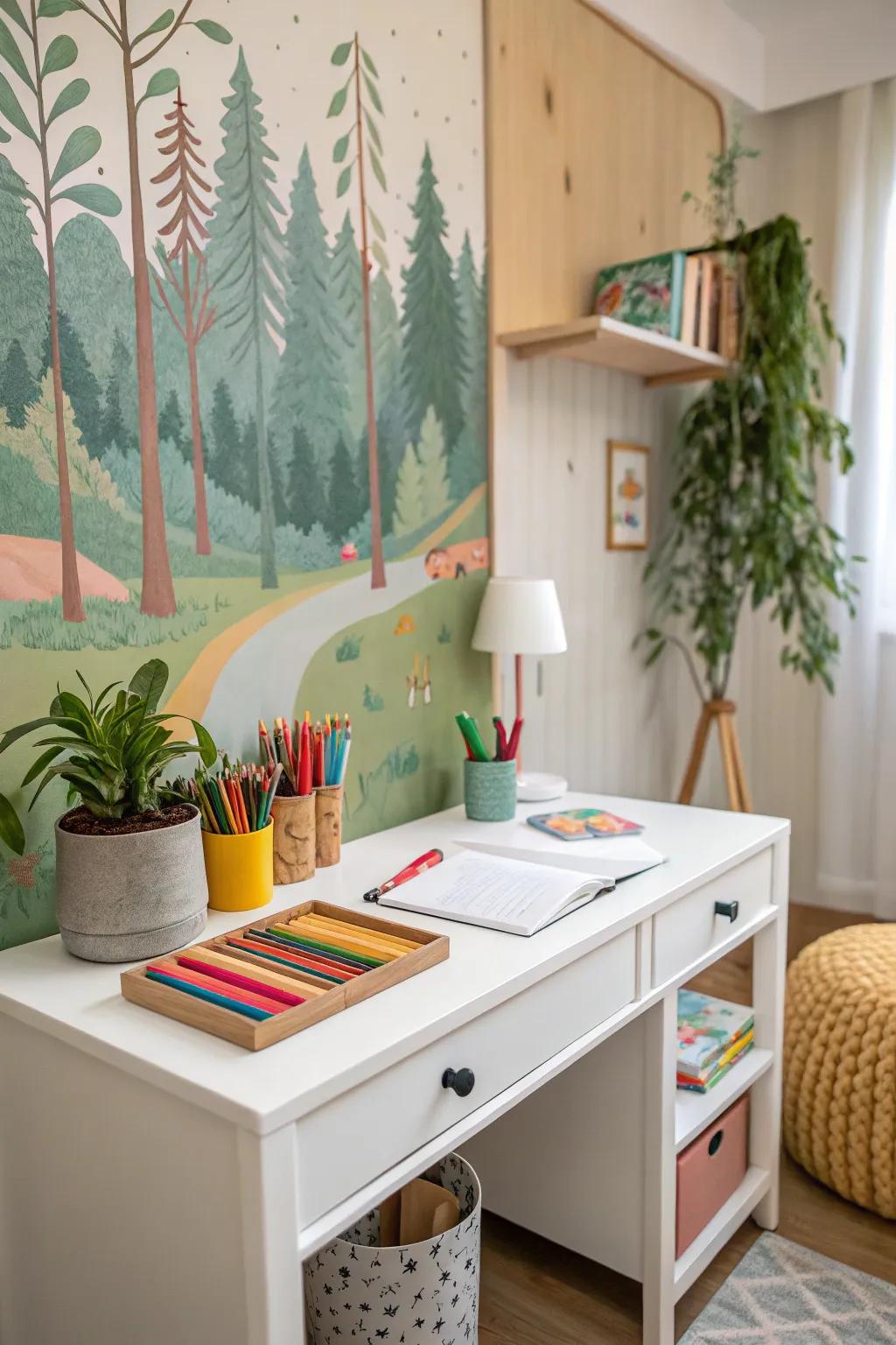 An inventive mural can convert a modest desk into a portal to fantasy.
