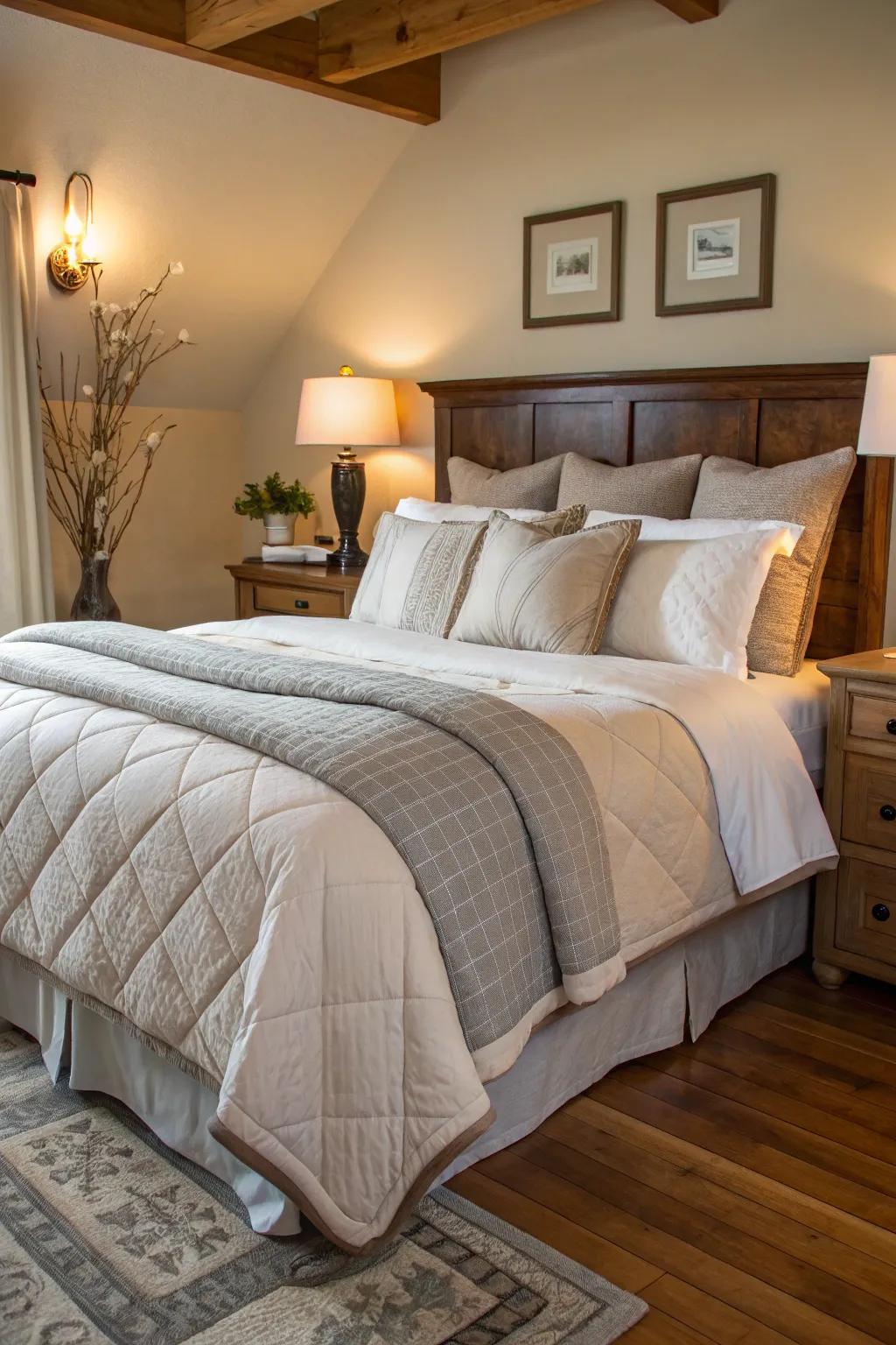 Layered bedding crafts a welcoming mix of textures and heat on this king-size bed.