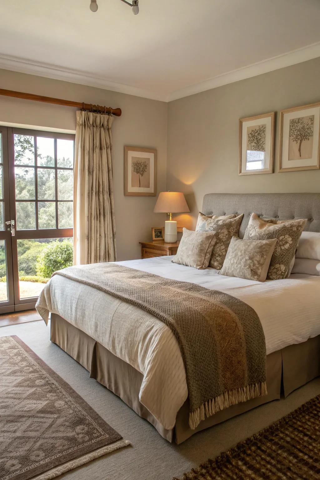 A palette of neutrals cultivates a tranquil bedroom ambiance.