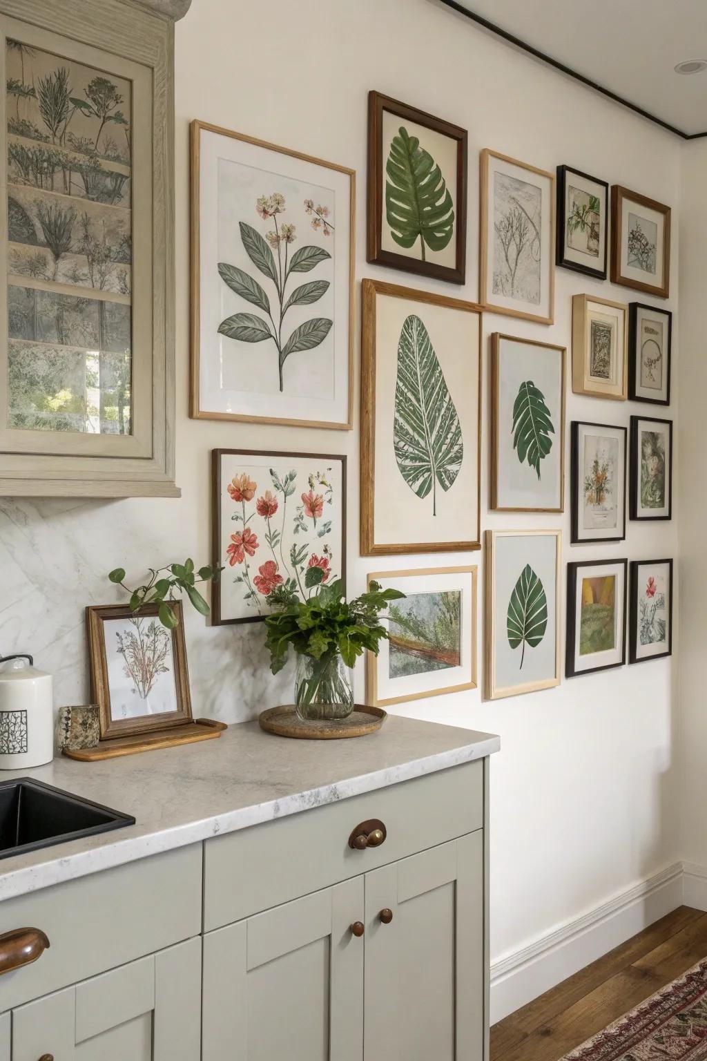A bespoke gallery wall introduces character and allure to any kitchen ambiance.