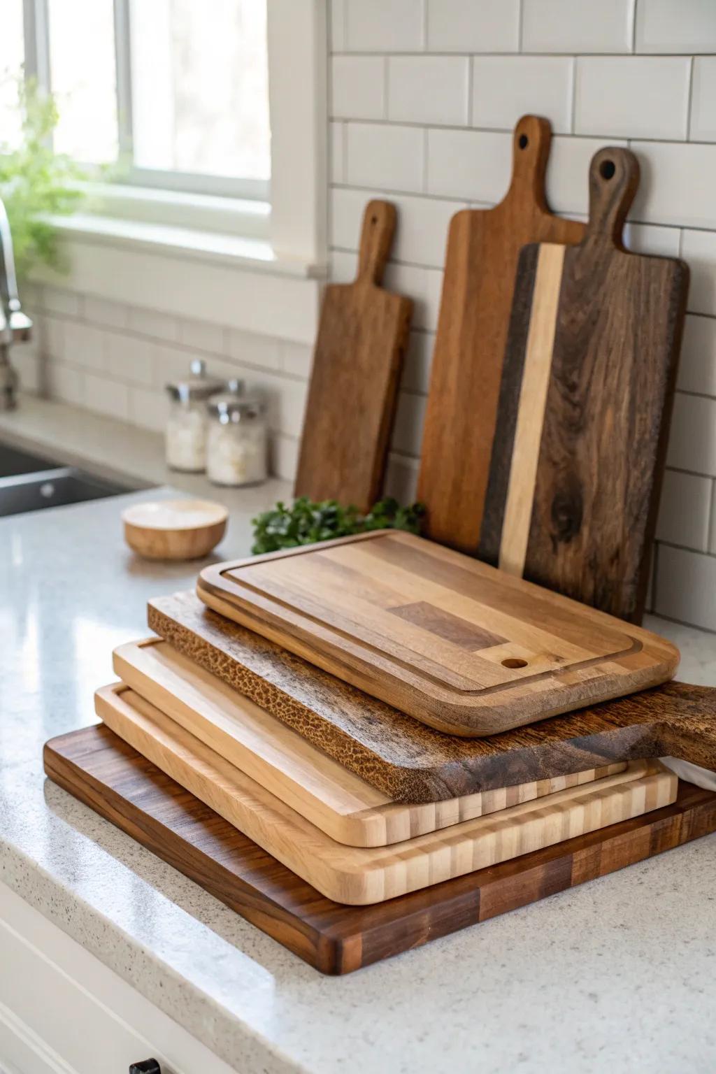 Layered prep boards against a bright backsplash create depth and visual appeal.