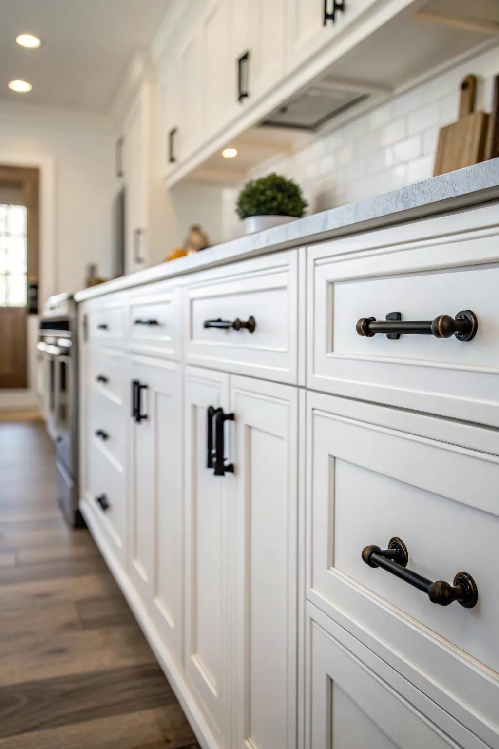 Dark hardware paired with light cabinets produces an eye-catching visual contrast.