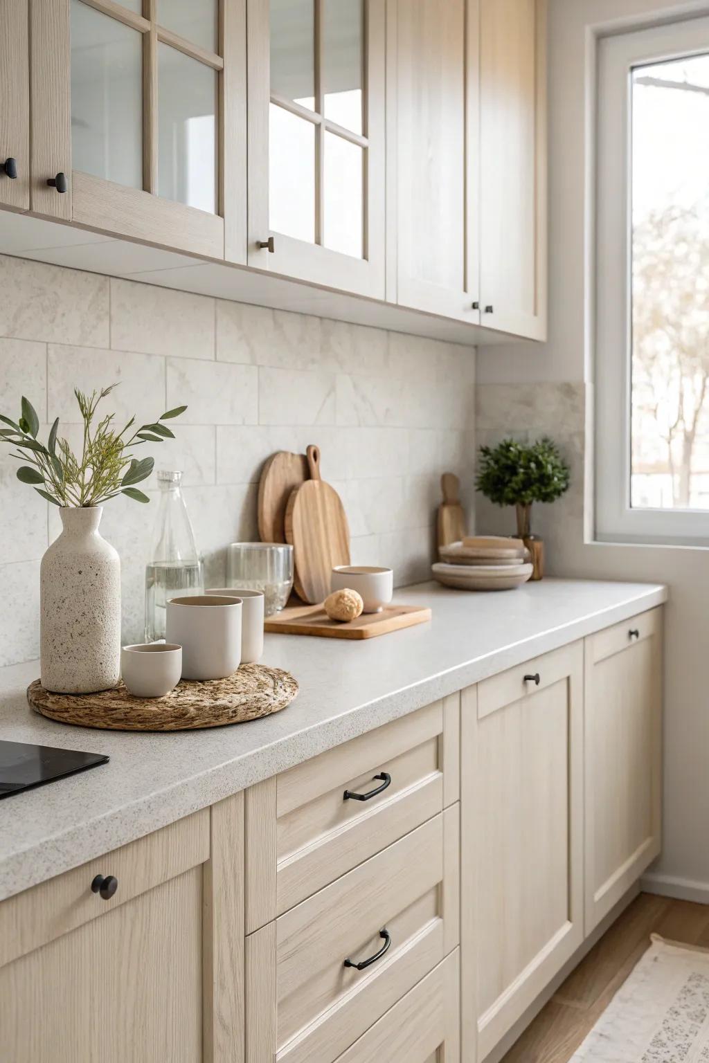 An elegant kitchen featuring light and neutral decor.