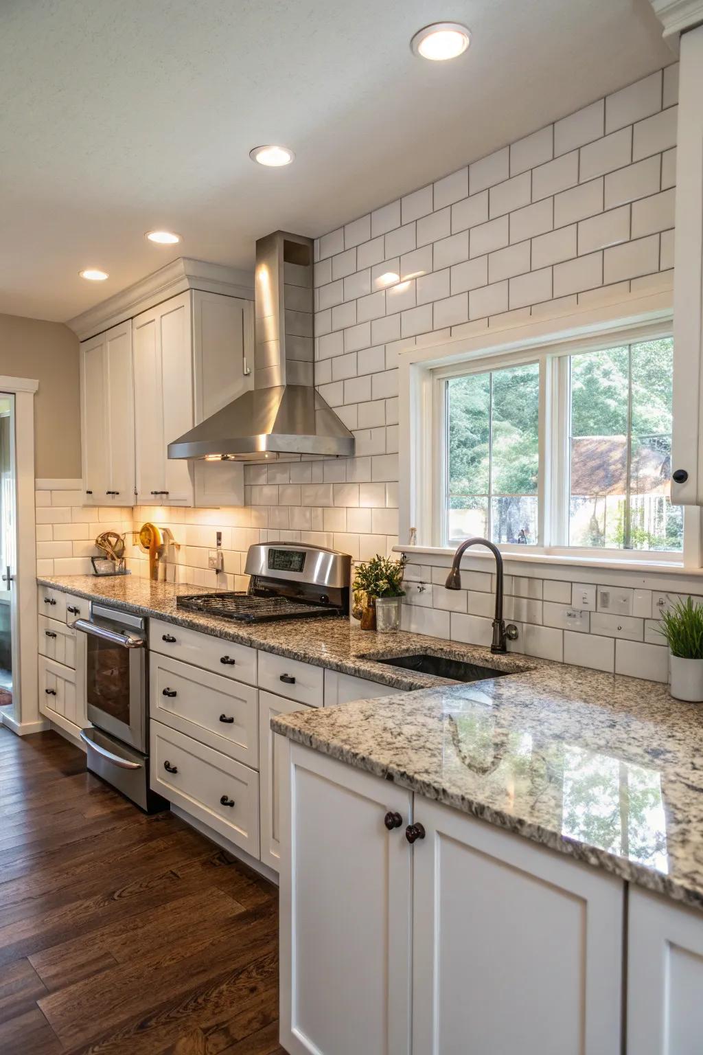 Ageless kitchen showcasing granite countertops and traditional tiling.