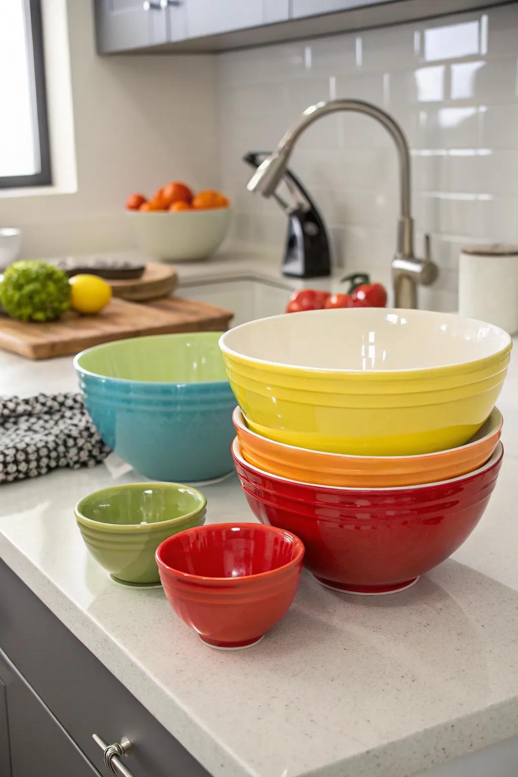Ceramic mixing bowls serve dual purposes as practical tools and decorative items.