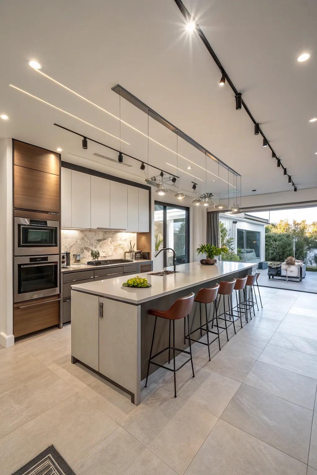 A kitchen enhanced by stylish track lighting that adds a modern touch.
