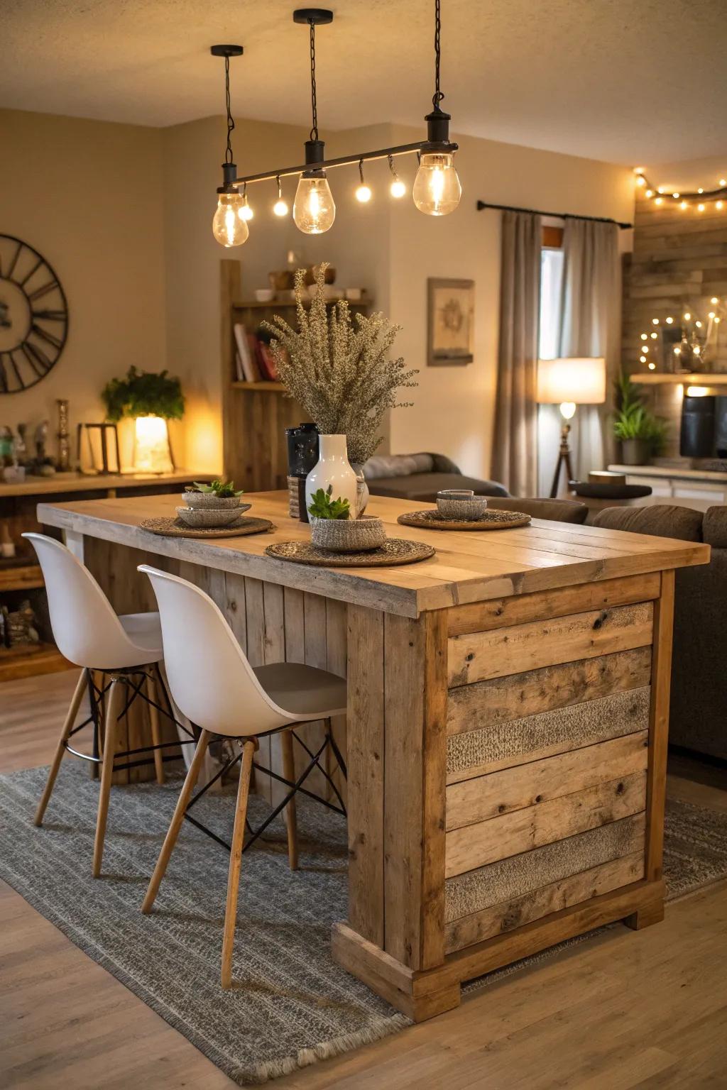 Rustic and modern design principles come together seamlessly in this kitchen island dining table arrangement.