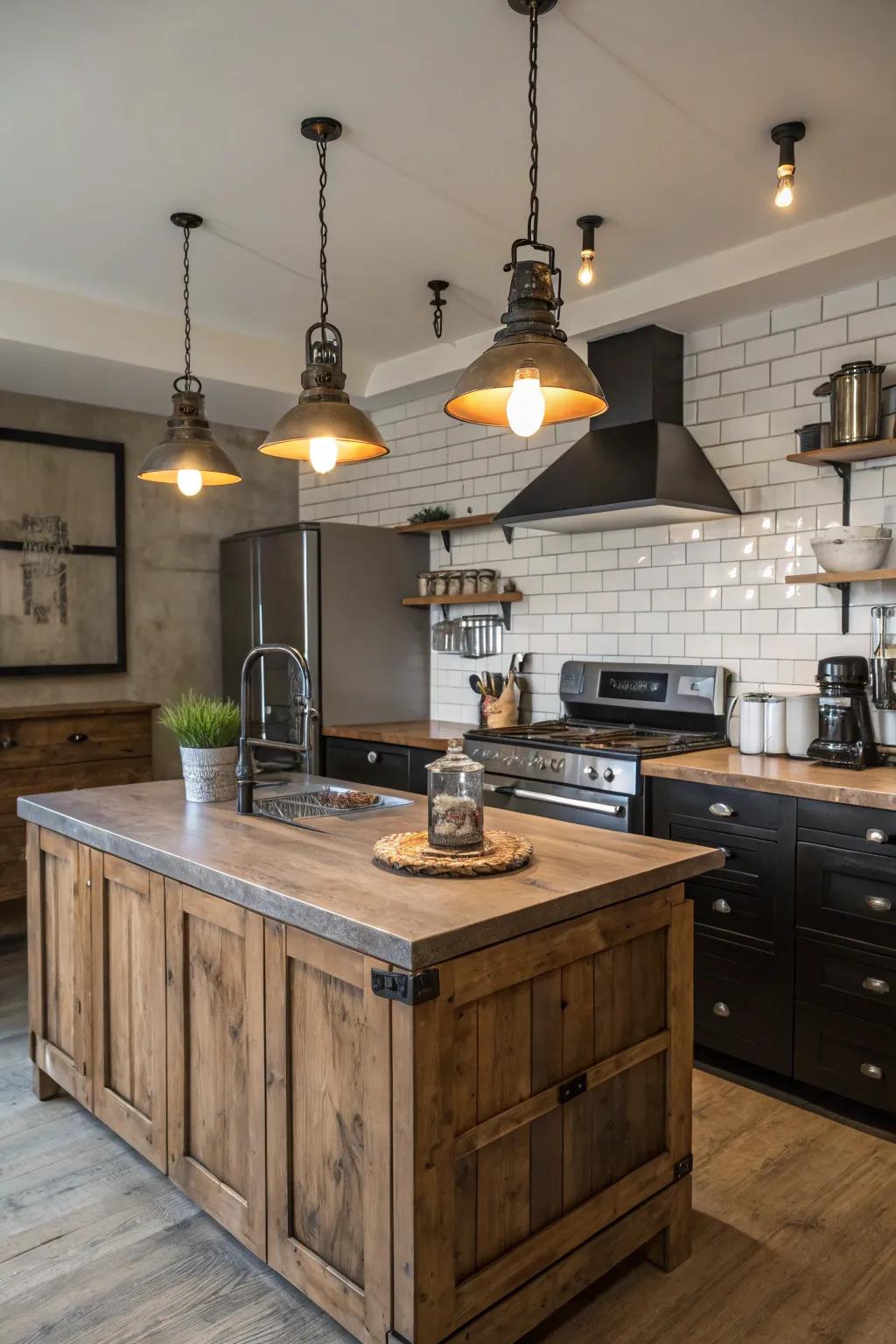 Industrial hanging lights introduce a country appeal to your kitchen island.