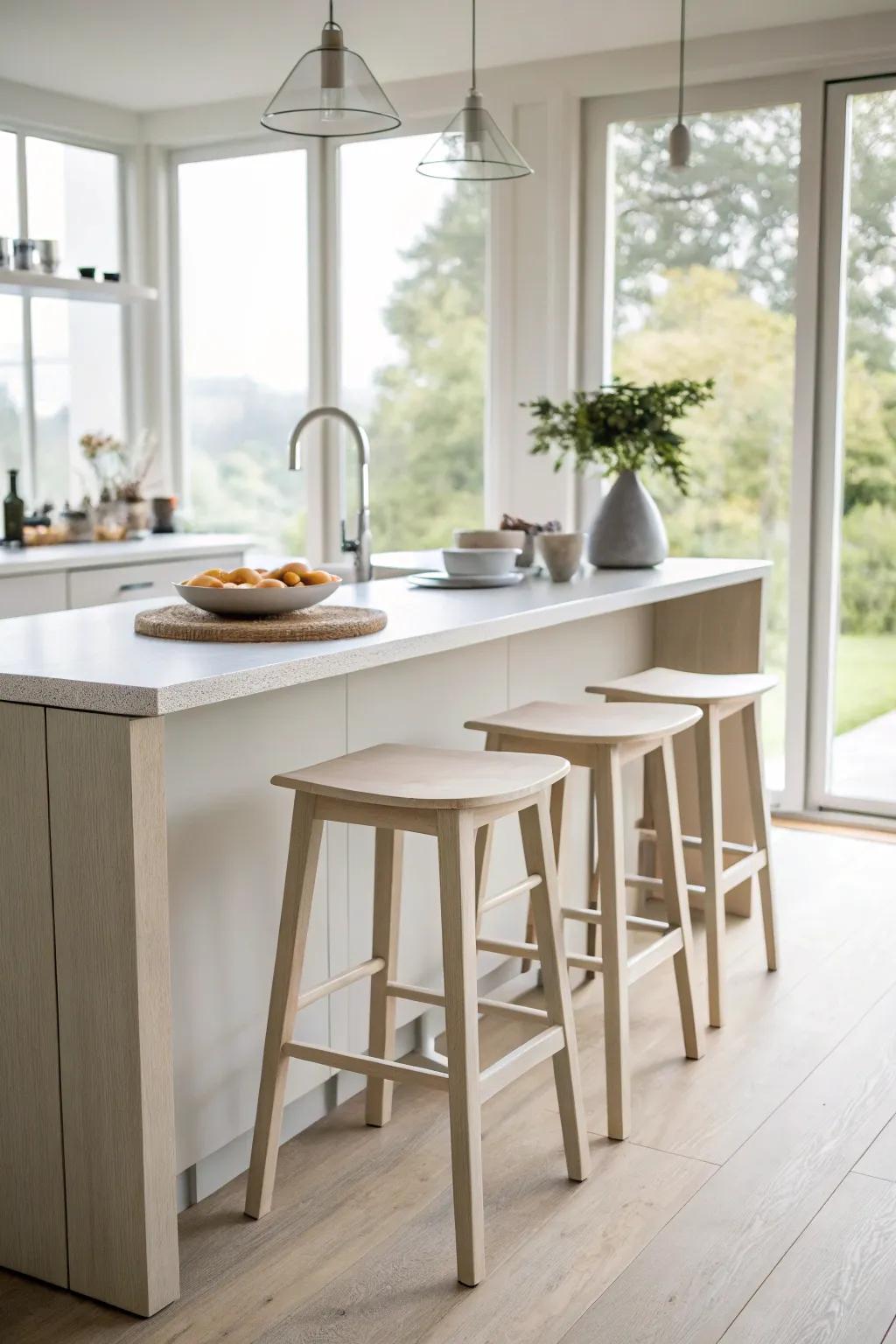 Backless stools provide a streamlined approach to seating at a kitchen island.