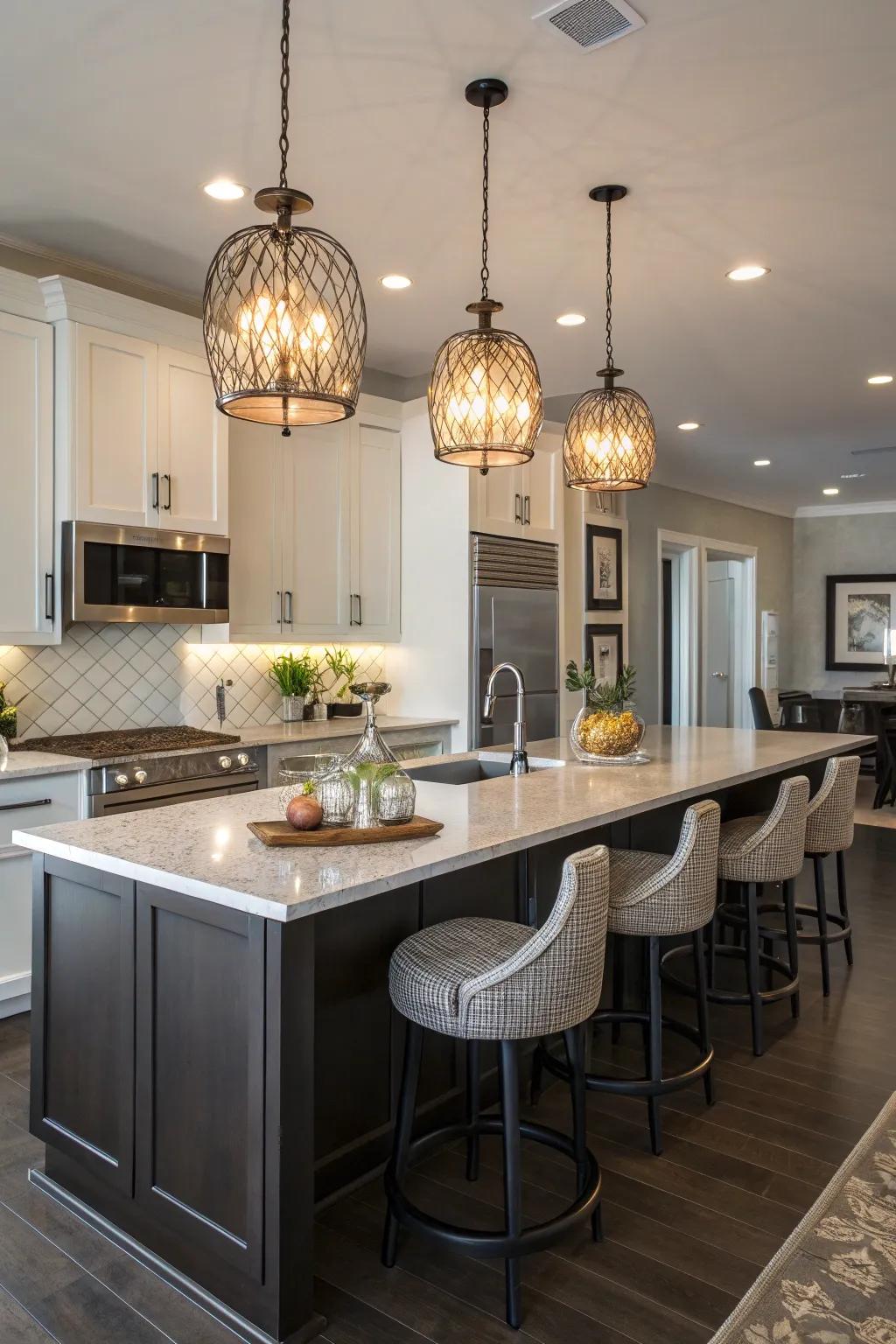 Pendant lights gracefully illuminate a contemporary kitchen island, establishing a fashionable and useful point of interest.