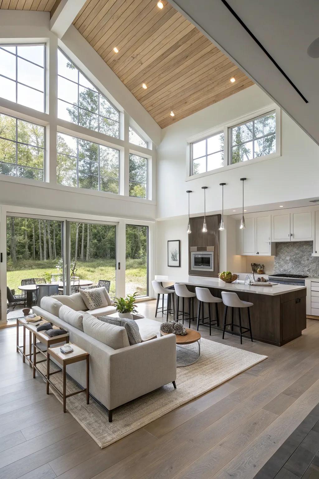 A fluid transition between the kitchen and living area promotes a harmonious atmosphere.