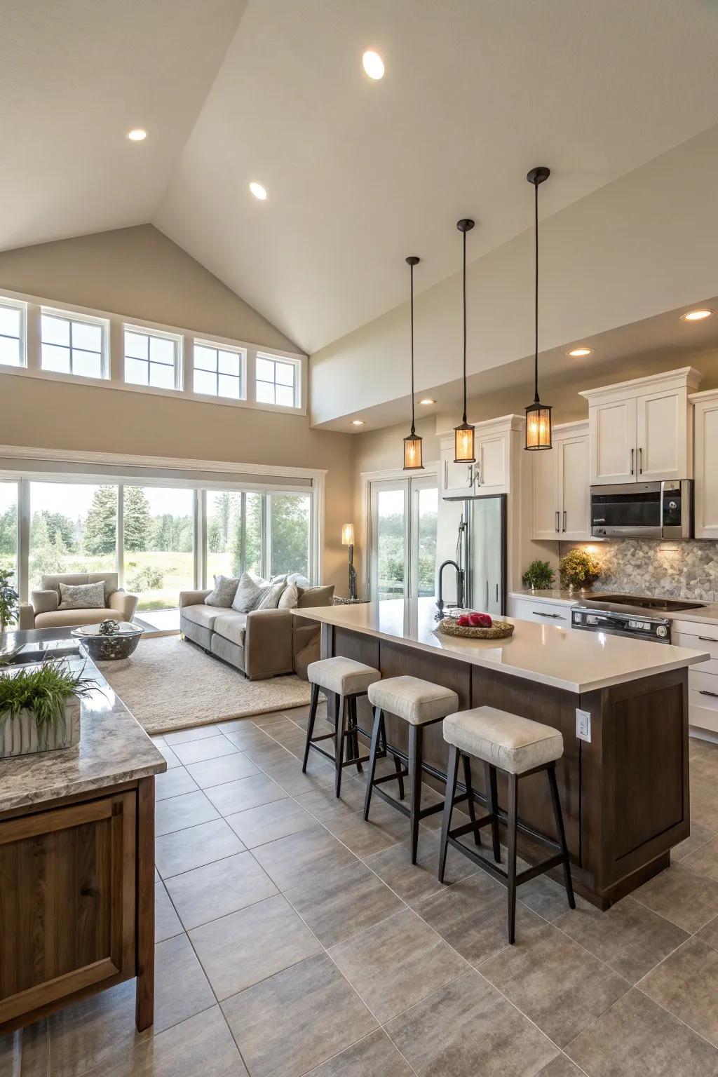 A kitchen featuring an open design smoothly linking to the living space.