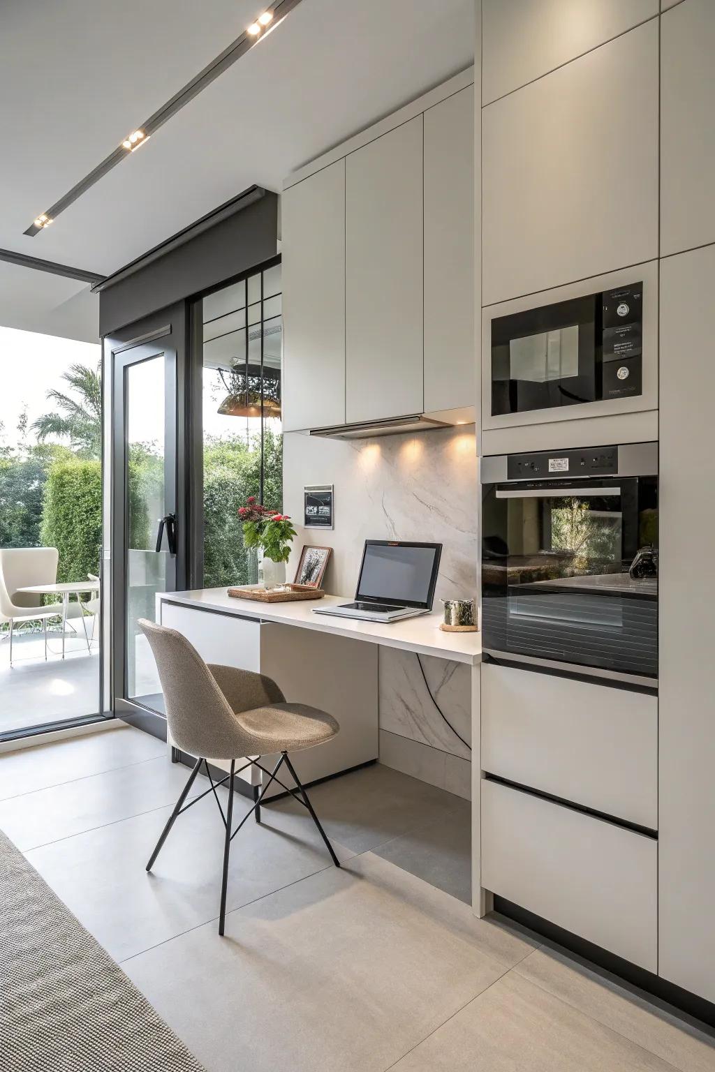 A small-scale desk fits seamlessly into kitchen cabinets, creating a practical workspace.
