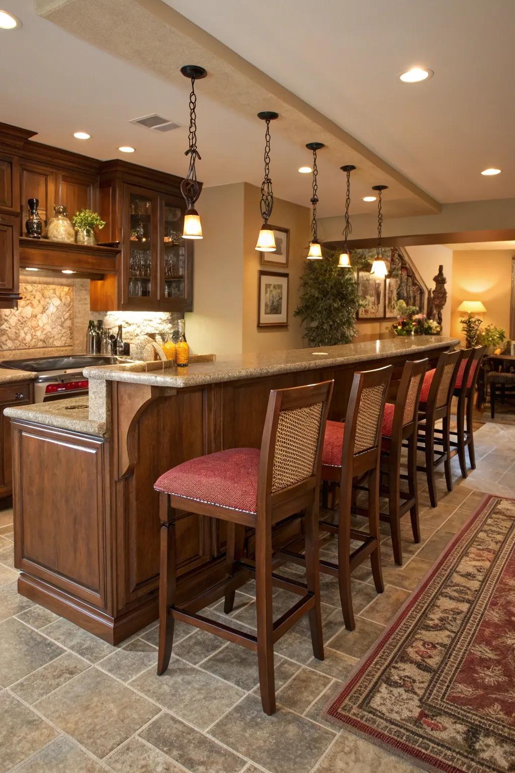 A kitchen peninsula featuring built-in seating for a snug ambiance.