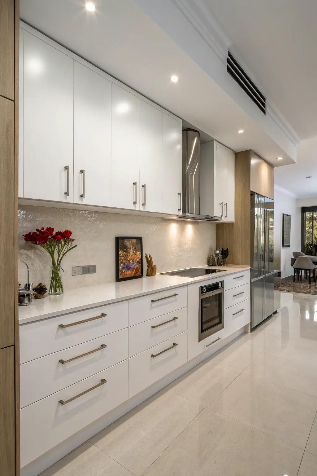 With cabinets extended to the ceiling, the kitchen seems taller and more unified.