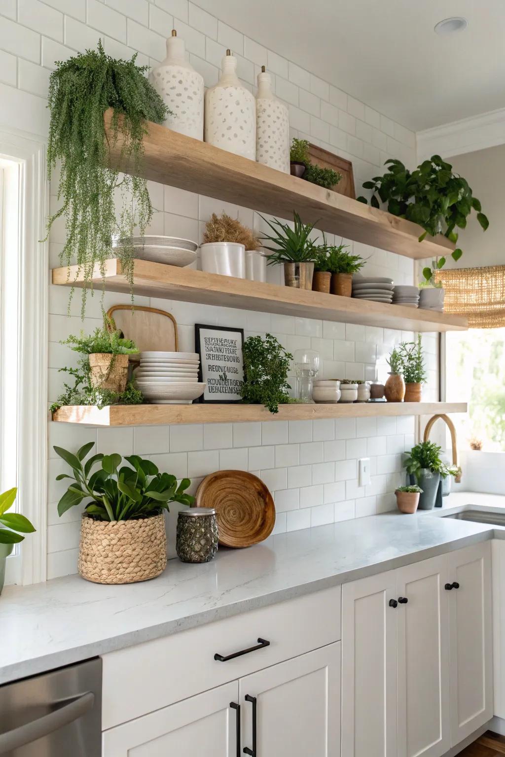 Floating shelves in a contemporary kitchen displaying decorative plants and items with style.