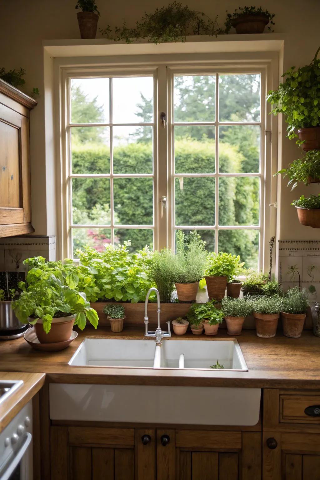 A kitchen greenhouse window brimming with fragrant herbs.