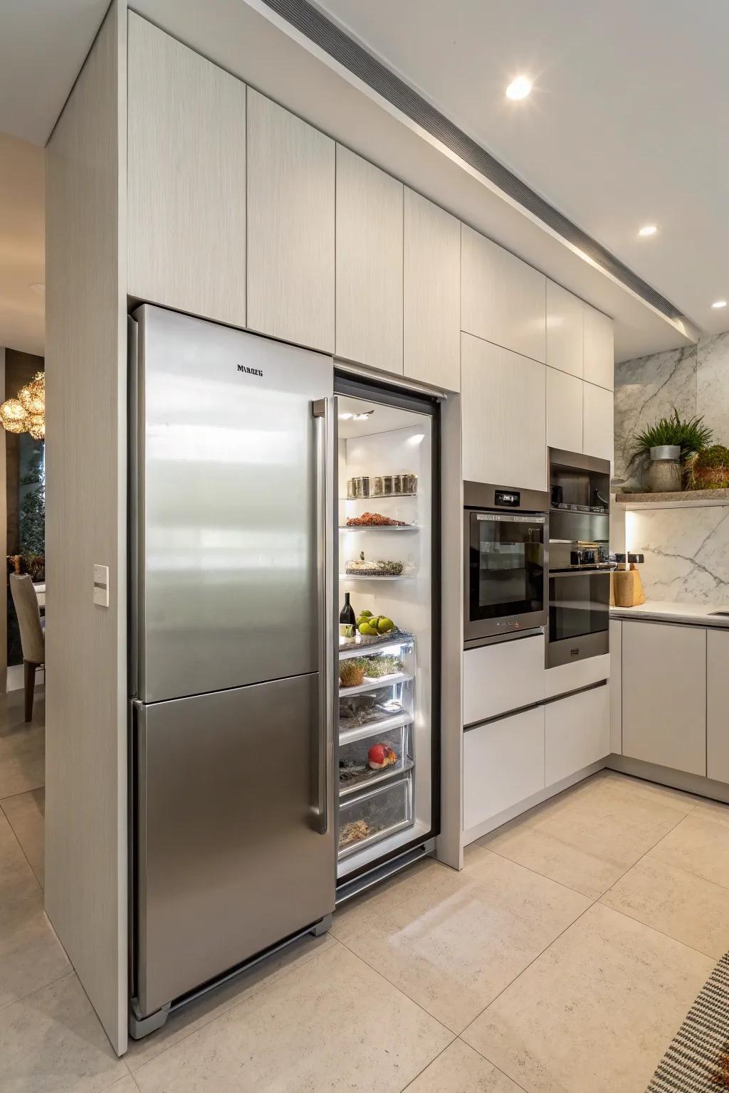 A refrigerator is flawlessly integrated into the kitchen's cabinetry, resulting in a harmonious and continuous design.