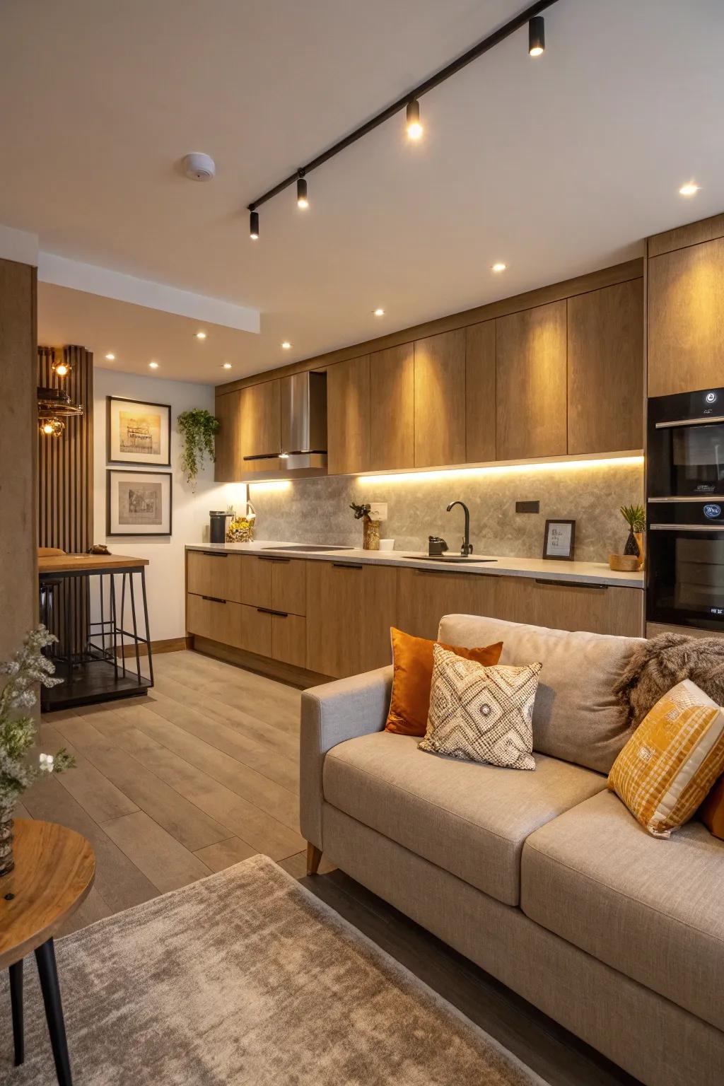An open-style kitchen showcasing a snug sofa area, highlighting unobstructed design and interaction.