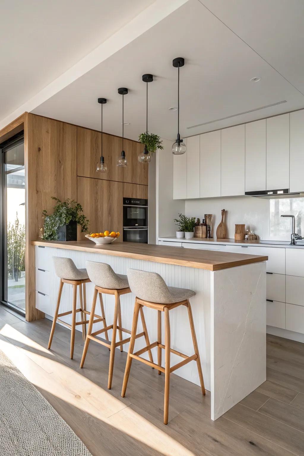 A minimalist breakfast bar showcases sleek, white cabinets and accents of natural wood.