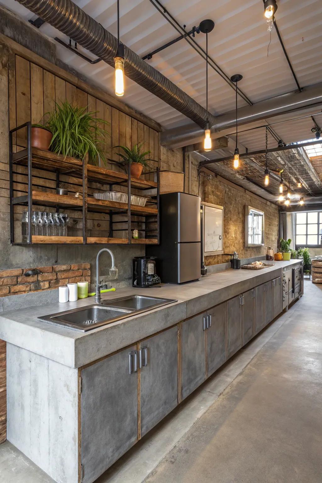 An industrial-inspired kitchen showcasing concrete worktops complemented by metal and wooden features.