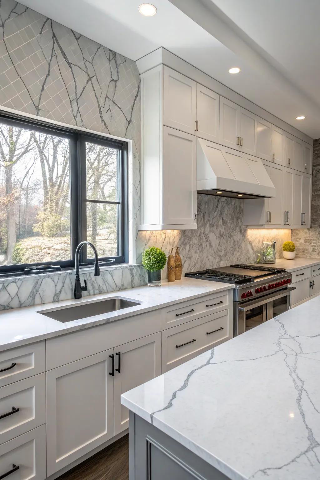 Timeless white quartz worktops harmonized with subtle gray streaks.