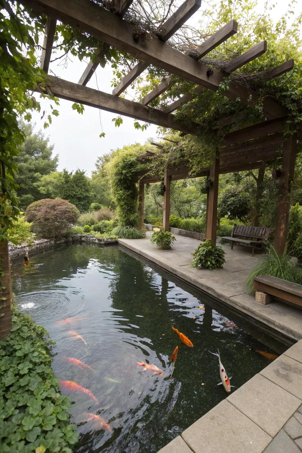 A timber pergola adorned with climbing flora casting shadows over a koi pond.