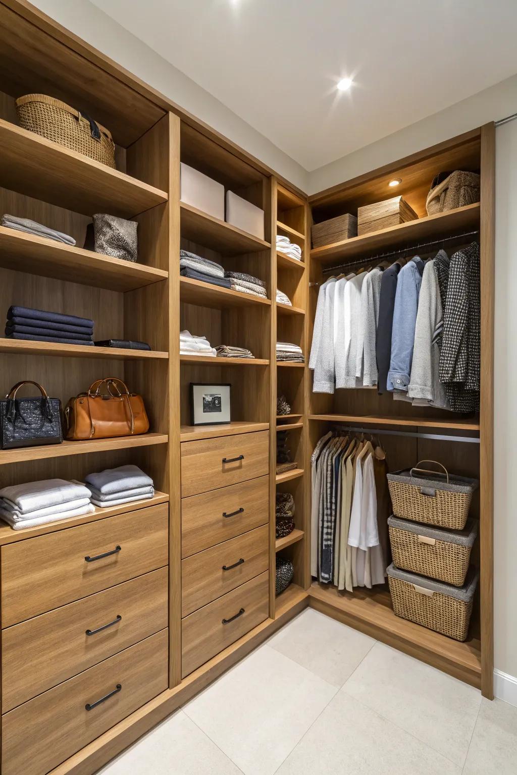 Bespoke shelving solutions make the most of every corner in your L-shaped closet.