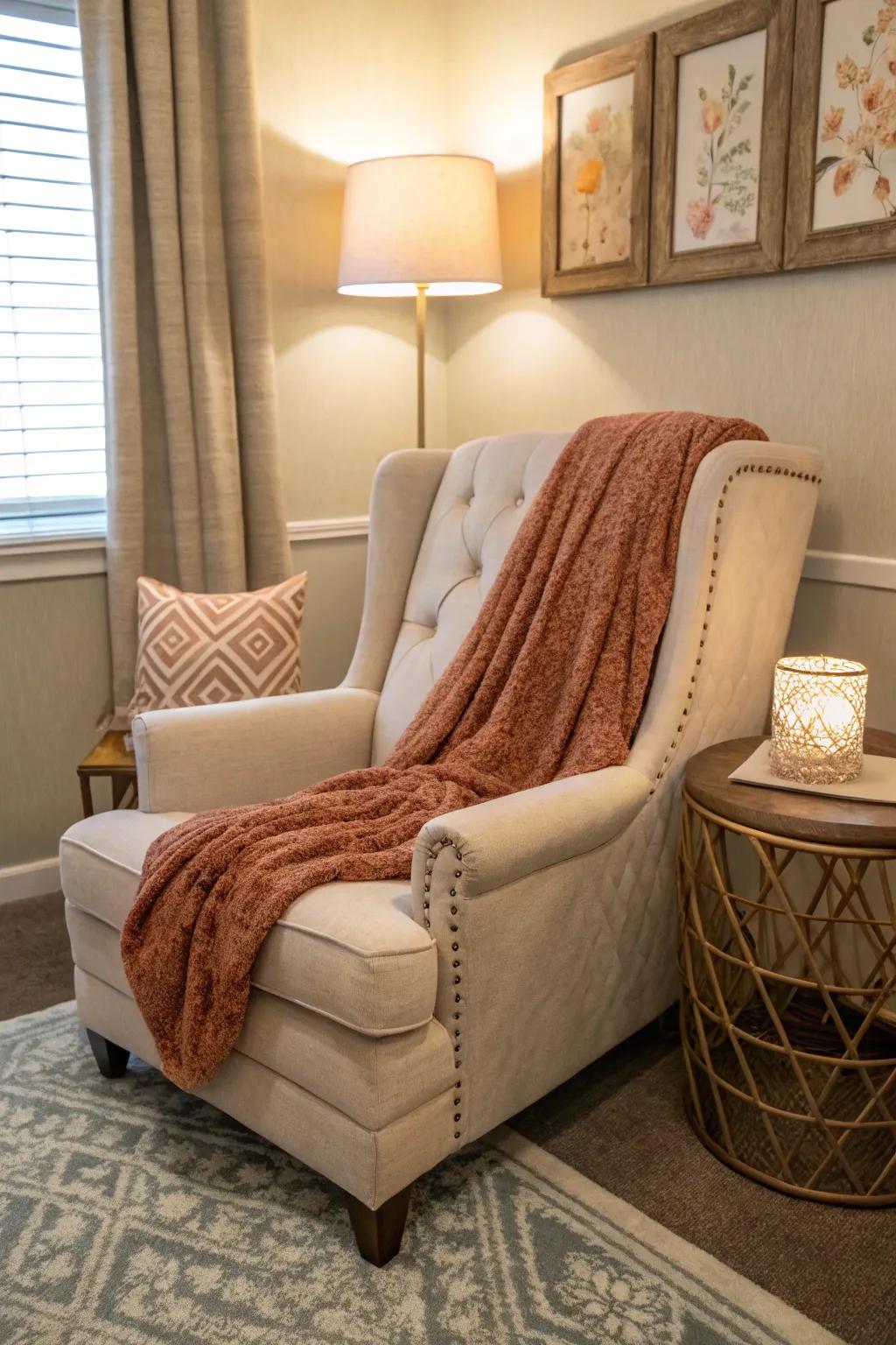 A luxurious armchair paired with a soft throw—comfort and warmth intertwined.