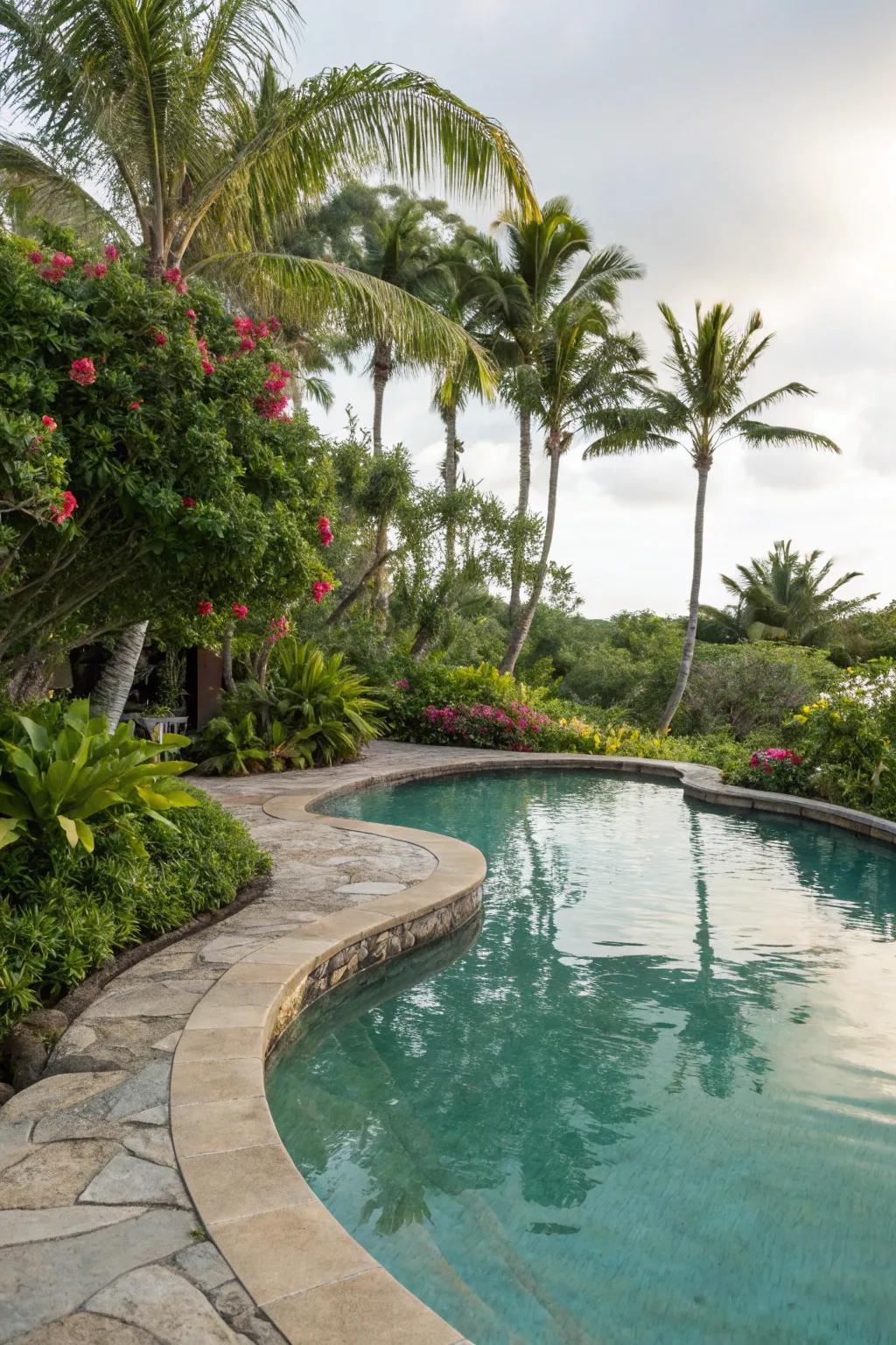 A lagoon pool with organic shapes establishes a natural aesthetic.