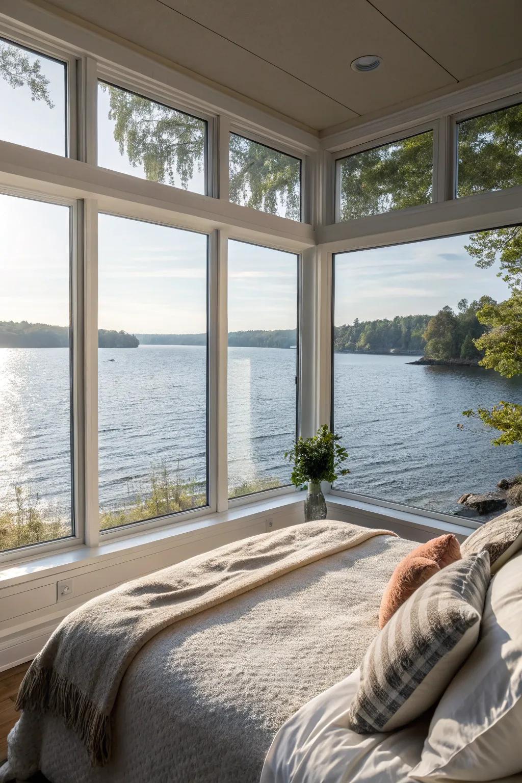 Expansive windows flood the bedroom with natural light and breathtaking views.