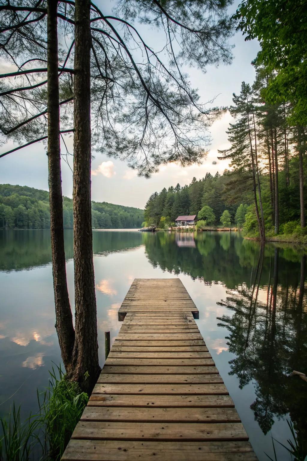A timbered pier stretching into a peaceful lake, ideal for relaxation.