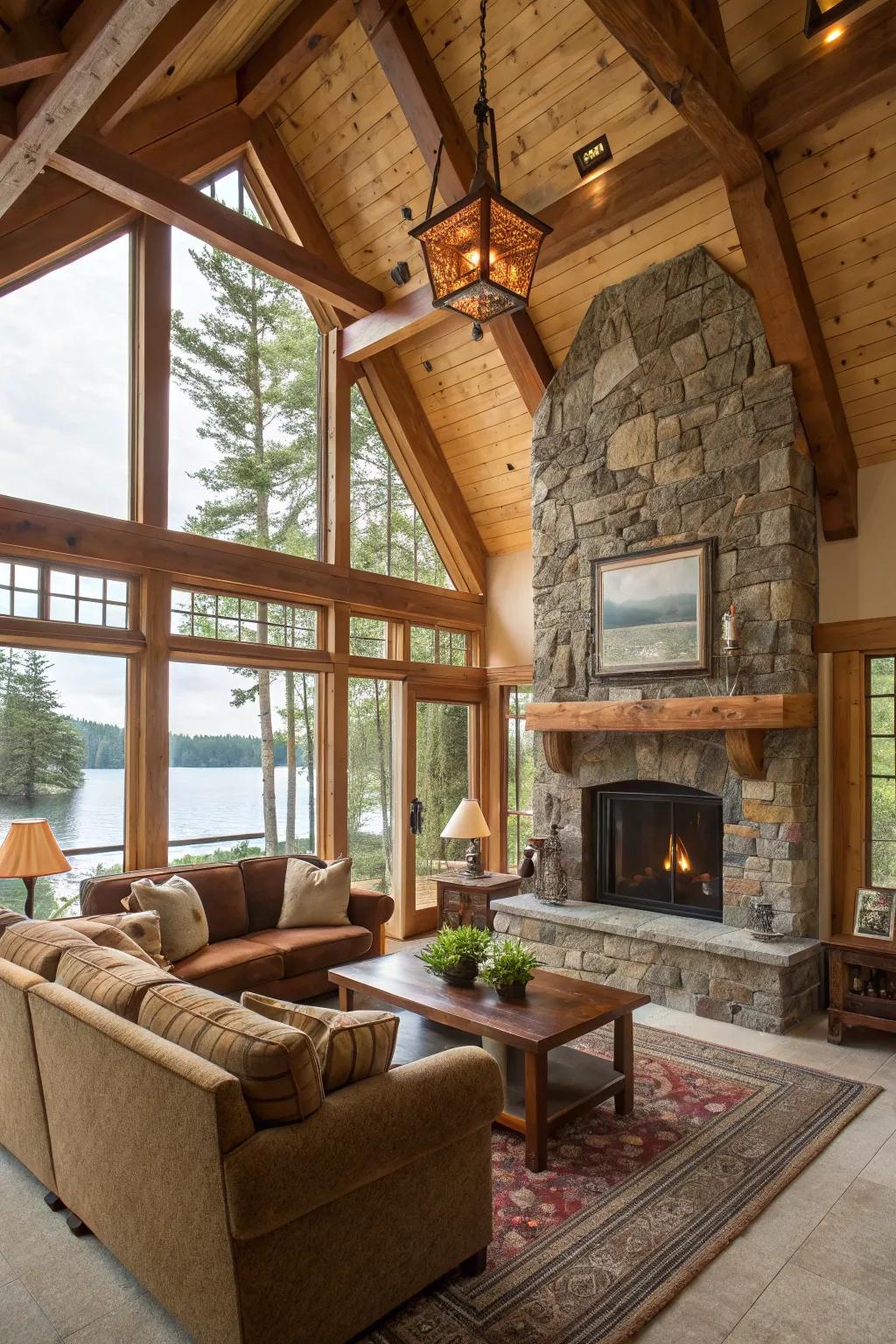 Elements of wood and stone craft a naturally inviting and snug ambiance.