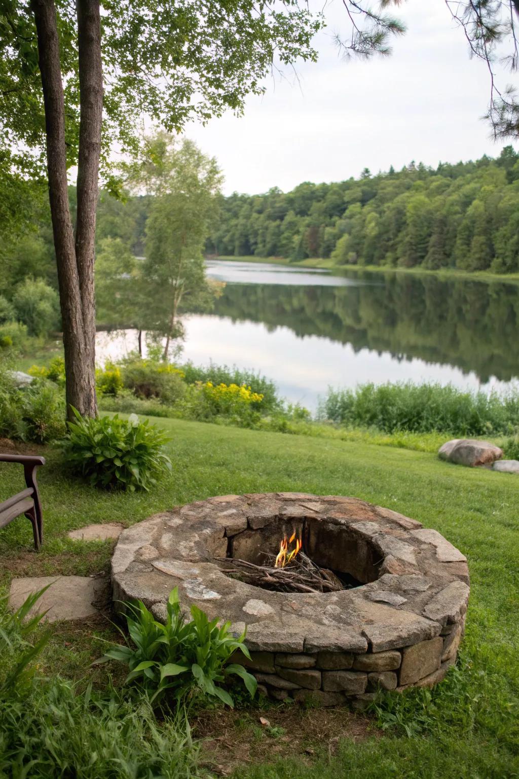 A simple fire pit constructed from local stones brings out the natural beauty of the lake.