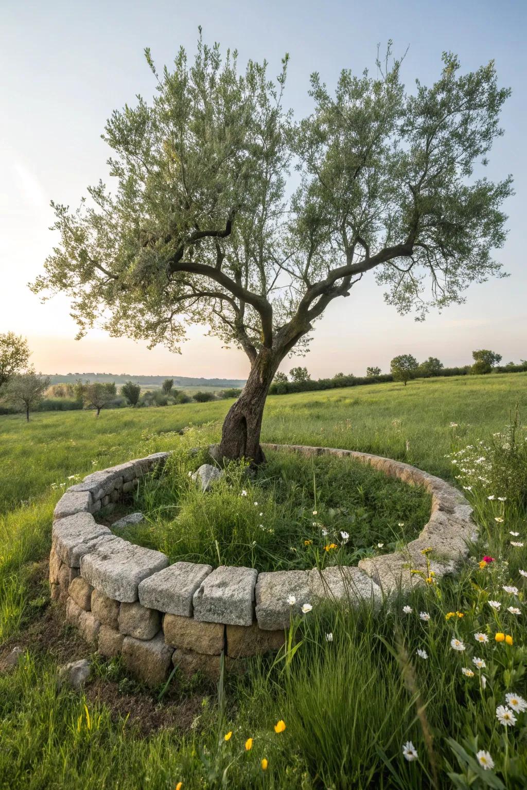 An appealing stone border boosts the inherent allure of any tree.