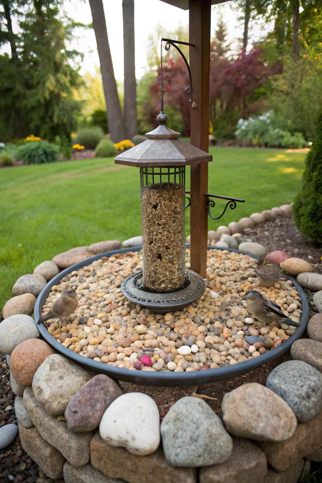 A pebble boundary adds definition and refinement to your bird station design.