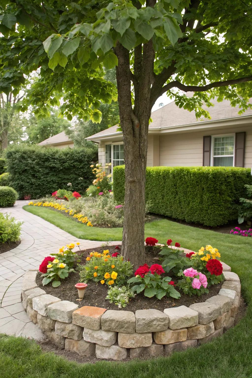 A tree beautifully accented by a stone outline, elevating the garden's natural appeal.