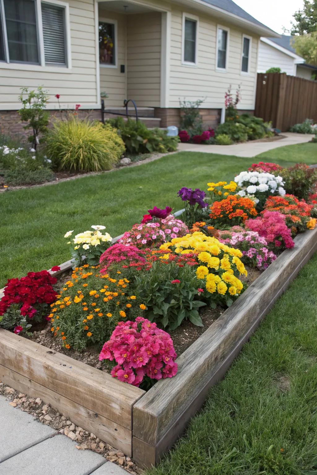 A lively flower bed introduces a burst of color and vitality to the front garden.