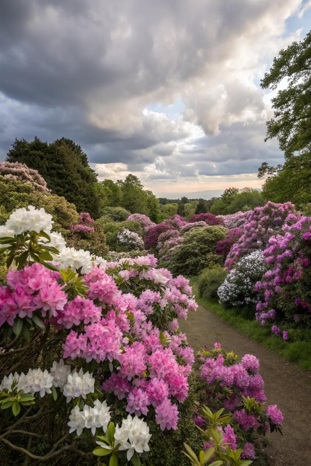 A vivid assortment of rhododendron colors establishing a lively garden atmosphere.