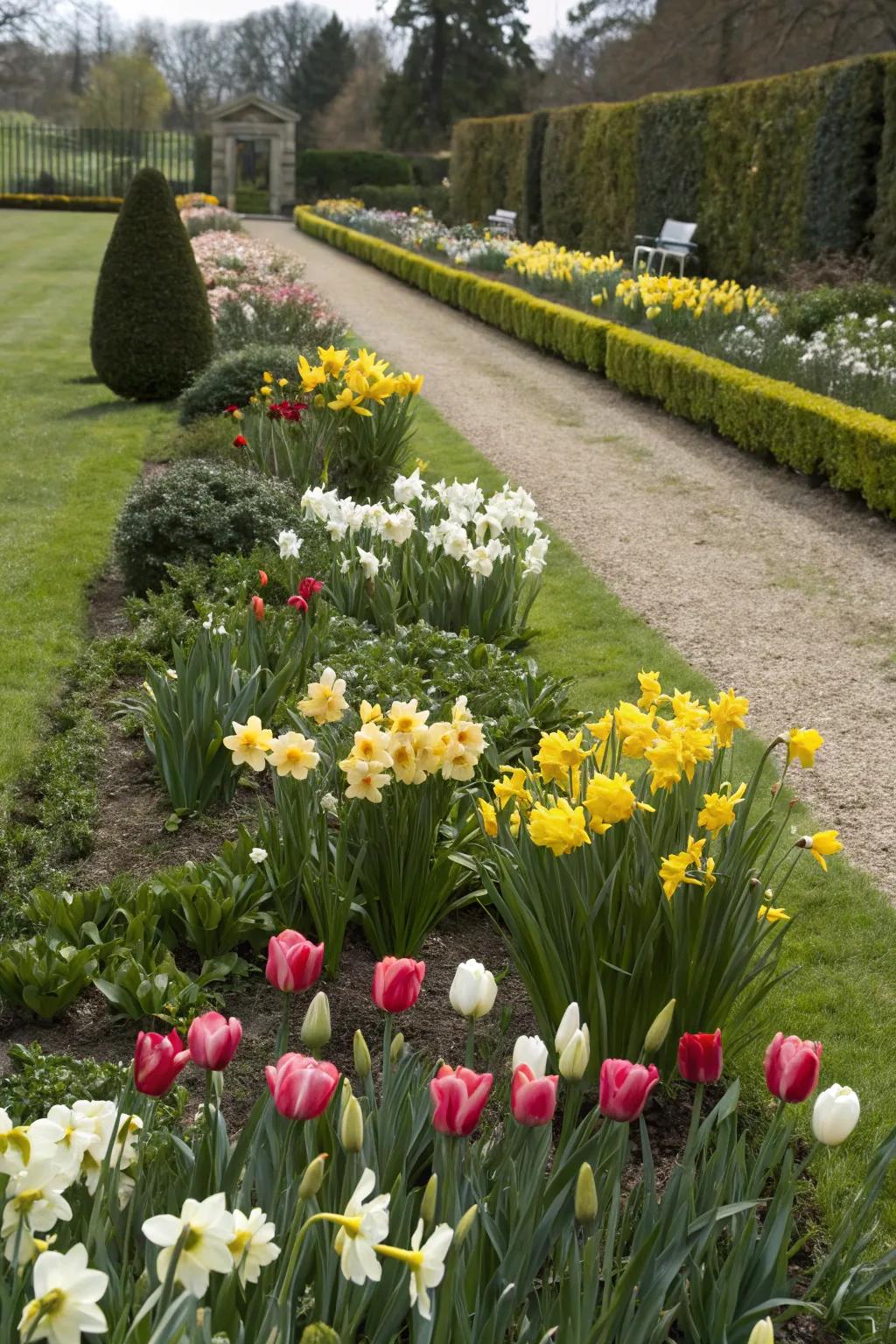 Tulips and daffodils gracefully lining a garden bed, introducing bright color and structured beauty.