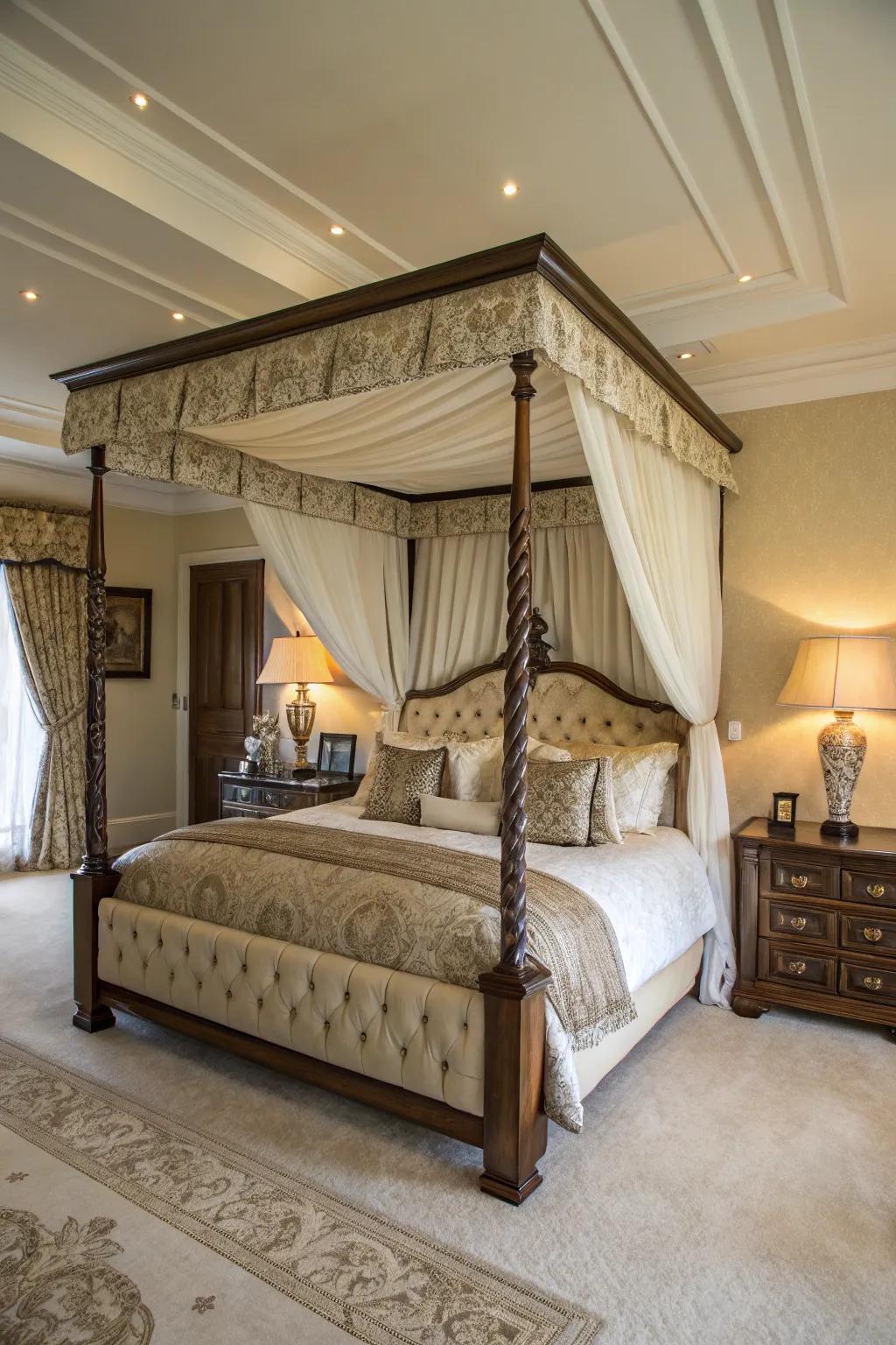 A majestic canopy bed commands attention, providing harmony and sophistication.