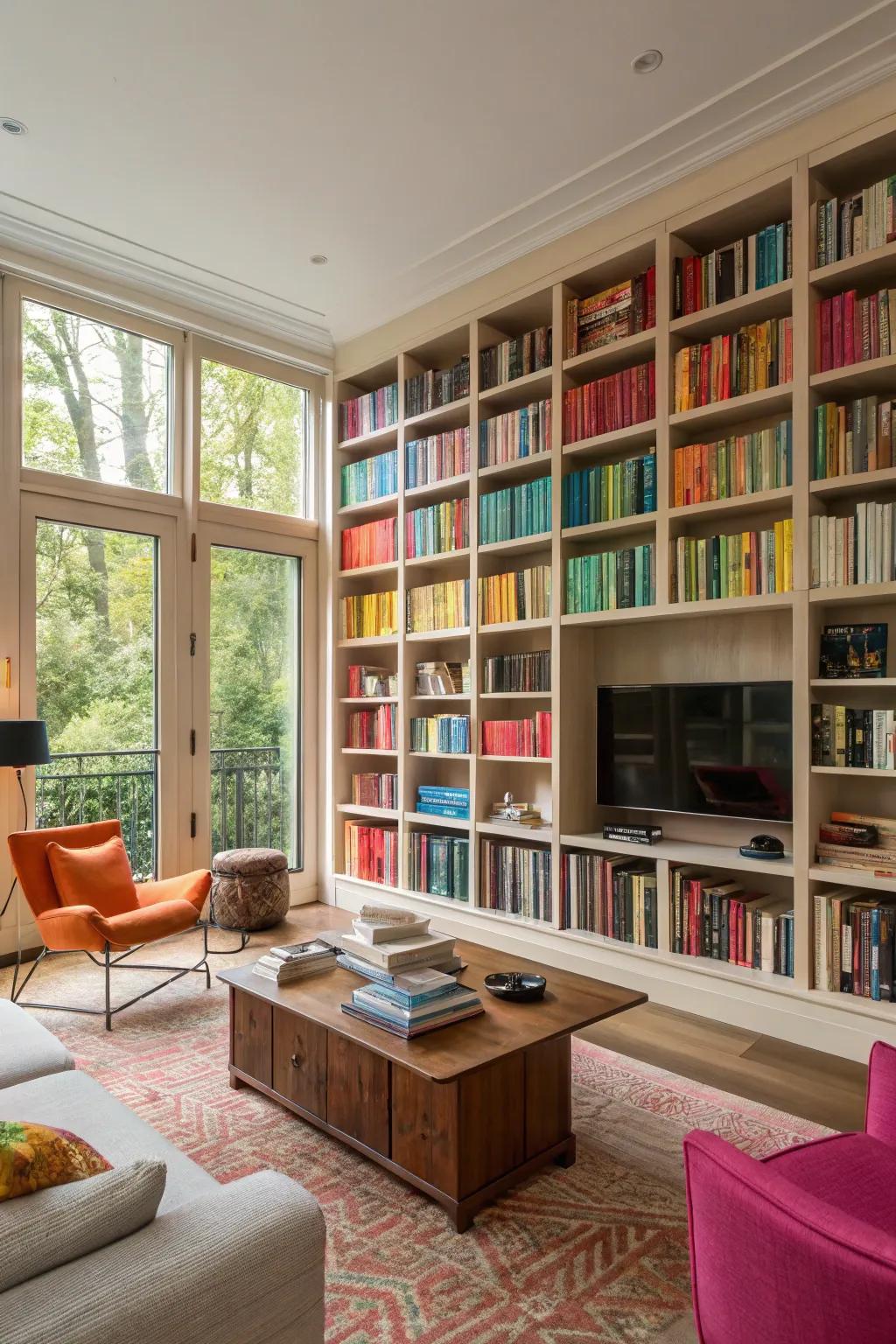 Sky-high bookshelves bring a sense of elevation and refinement to this inviting living area.